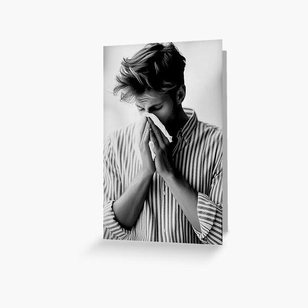 Blonde boy in a striped shirt has the flu and his nose is sweating Greeting Card