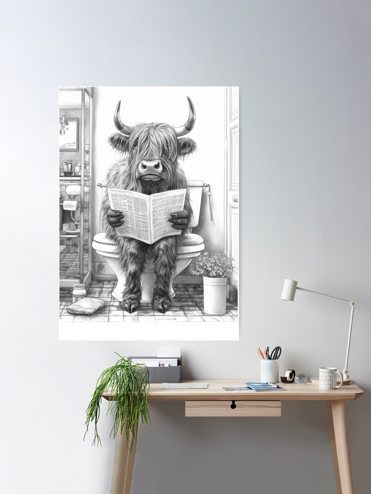 Poster mit Highland Kuh sitzt auf der Toilette und liest Zeitung, lustiges  Kuhbild, Geschenk für das Badezimmer , Pets Funny Print, Highland cow Print  Art von Specialanimal