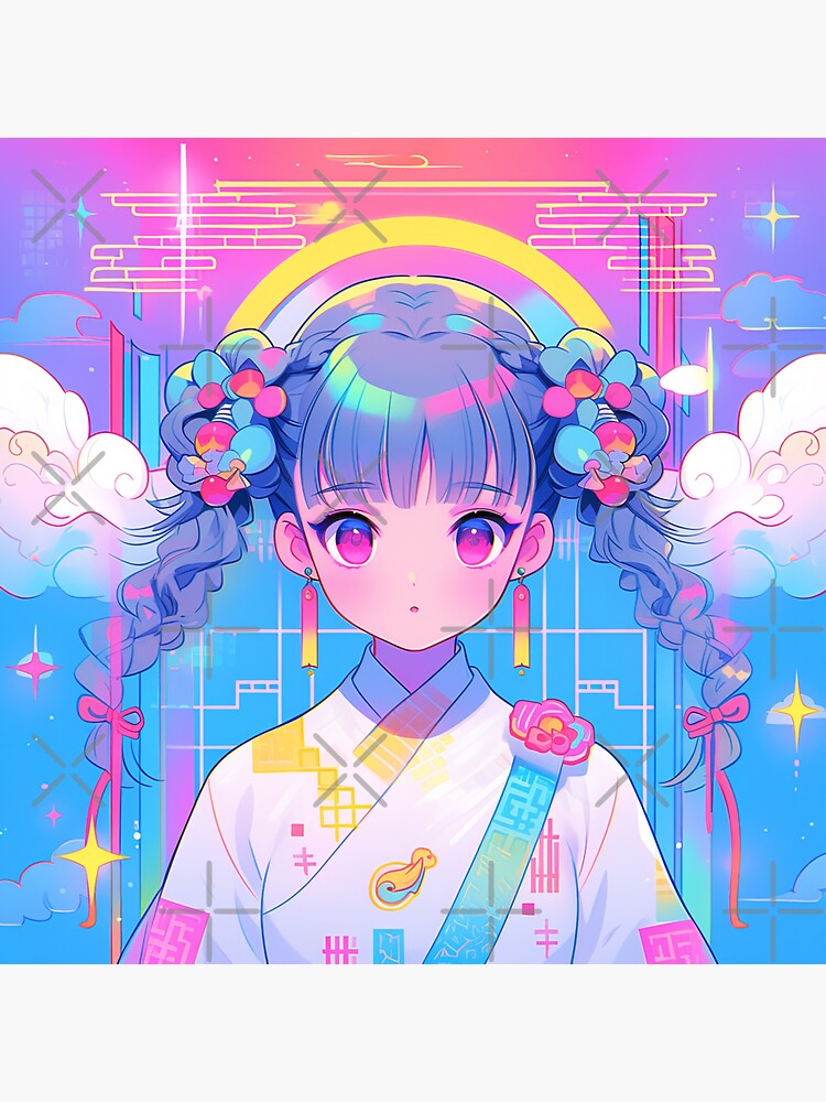 Beautiful Bright Neon Curly Hair Starry Anime Girl | Sticker