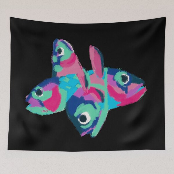 Item preview, Multicolored fish heads (black background) designed and sold by MentaLee.
