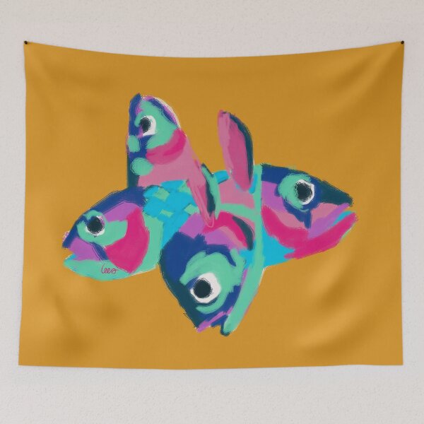 Item preview, Multicolored fish heads (yellow background) designed and sold by MentaLee.