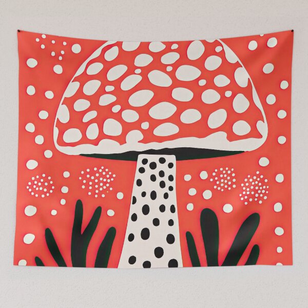 Item preview, Dotted White Mushroom on Red Background Modern Art Print designed and sold by GulDesignCo.
