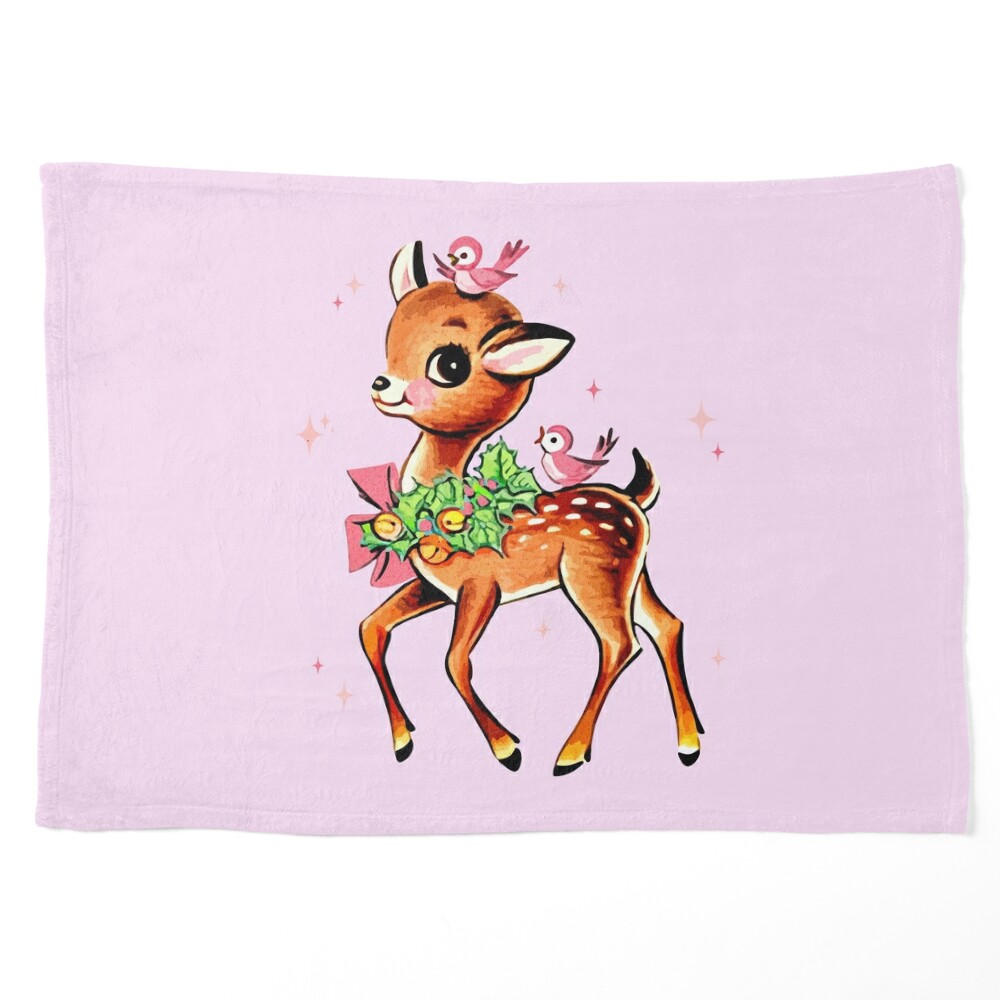 Retro Reindeer Pink Christmas Pillow, Baby Deer Pillow, Vintage