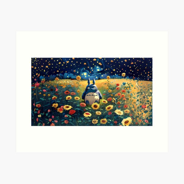 Item preview, Totoro in a Sunflower Field with Starry Night Background designed and sold by karpark.