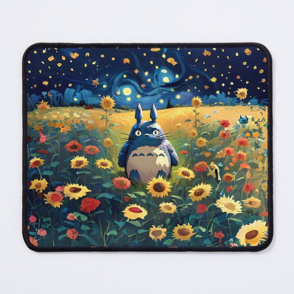 Aperçu de l'œuvre Totoro dans un champ de tournesols avec fond de nuit étoilée créée et vendue par karpark.