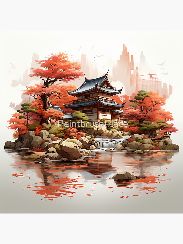 Poster Japon traditionnel peinture japonaise sumi-e art soleil lac rivière  colline temple montagne