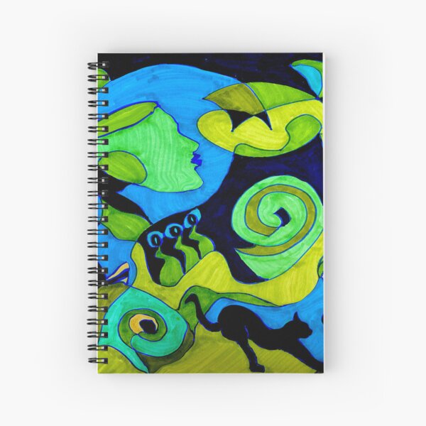 Black Cat Stretching with Black Bird and Woman Spiral Notebook