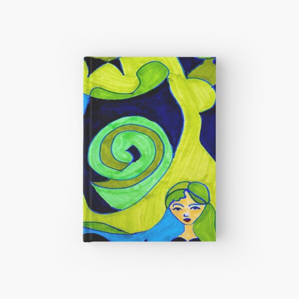 Black Cat Stretching with Black Bird and Woman Hardcover Journal