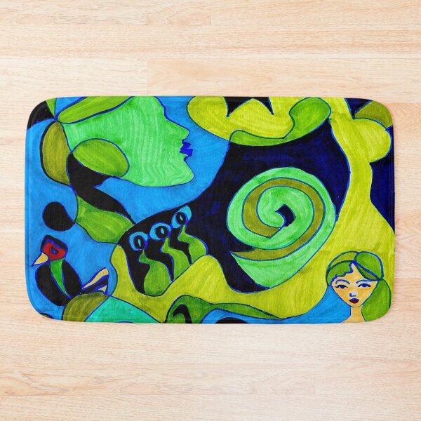 Black Cat Stretching with Black Bird and Woman Bath Mat
