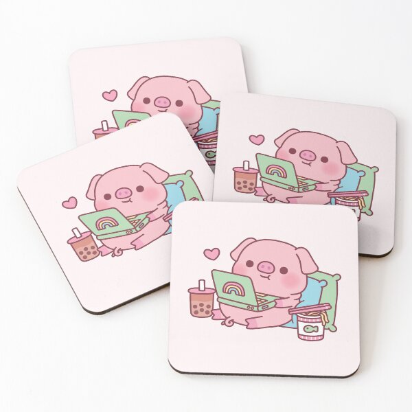 Item preview, Cute Pig Chilling With Laptop Boba Tea And Instant Noodles designed and sold by rustydoodle.