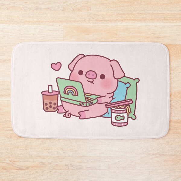 Item preview, Cute Pig Chilling With Laptop Boba Tea And Instant Noodles designed and sold by rustydoodle.