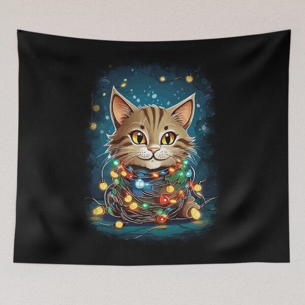 Item preview, Cat Tangled in Christmas Lights Santa designed and sold by Peculiarts.