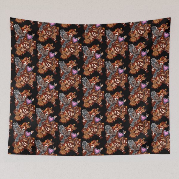 Item preview, bicolor bird with silver wings grabbing berries from a bright blueberry heart on a brown and flowery background designed and sold by Creativesphotos.