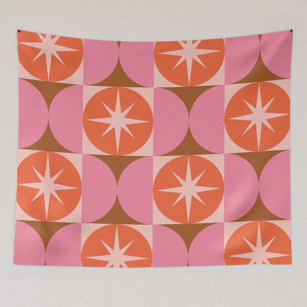 Item preview, Mid Century Starbursts on Orange Circles and Pink Half Circles Pattern  designed and sold by Yasminepatterns .