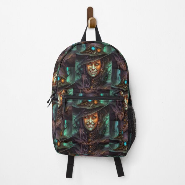 Item preview, portrait of an amazing smiling steampunk witch with fascinating green eyes wearing a bright high hat with painted designs on her face for Halloween designed and sold by Creativesphotos.