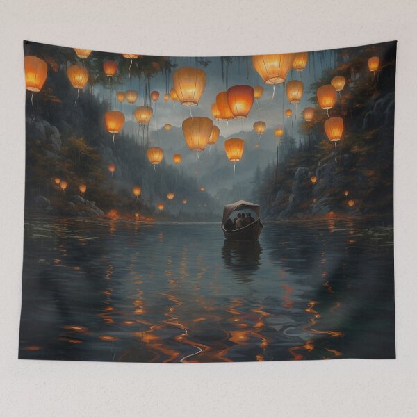 Item preview, Lanterns in and above lake with boats designed and sold by zand-n-zive.