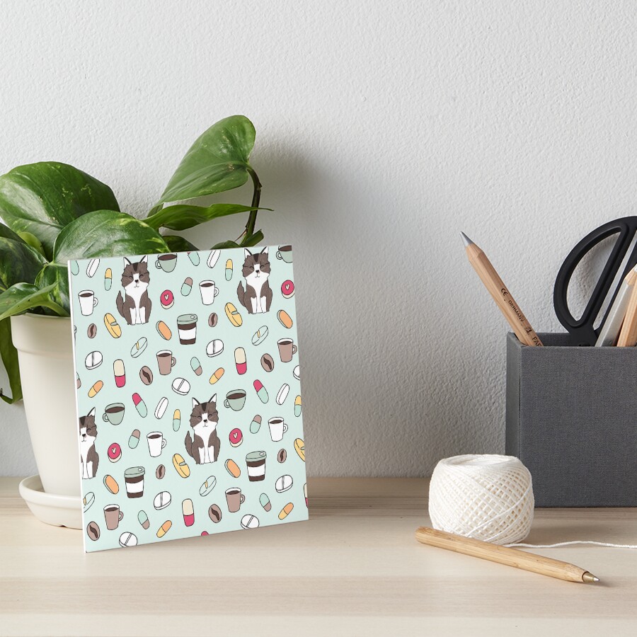 Cat, coffee, pills Art Board Print
