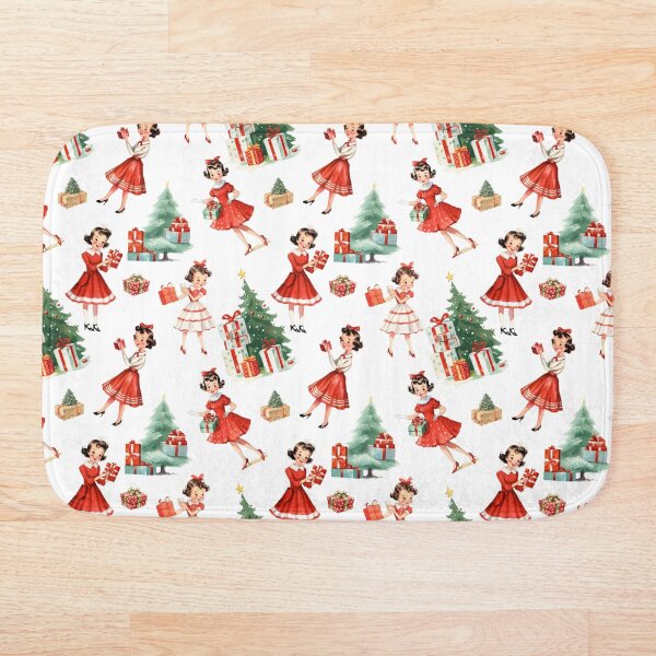 Artikelvorschau, Vintage-Weihnachtsdesign der 1950er Jahre: Festliches Retro-Mid-Century-Mädchen in rotem Kleid mit Baum, Geschenken – weißes nostalgisches Feiertagsthema entworfen und verkauft von KimMarshall.