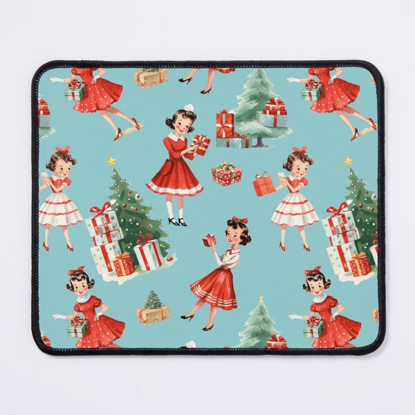 Artikelvorschau, Vintage-Weihnachtsdesign der 1950er Jahre: Festliches Retro-Mid-Century-Mädchen in rotem Kleid mit Baum, Geschenken – blauer nostalgischer Feiertagshintergrund entworfen und verkauft von KimMarshall.