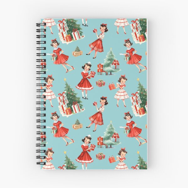 Item preview, Diseño navideño vintage de los años 50: Chica festiva retro de mediados de siglo vestida de rojo con árbol y regalos - Fondo azul nostálgico de vacaciones designed and sold by KimMarshall.
