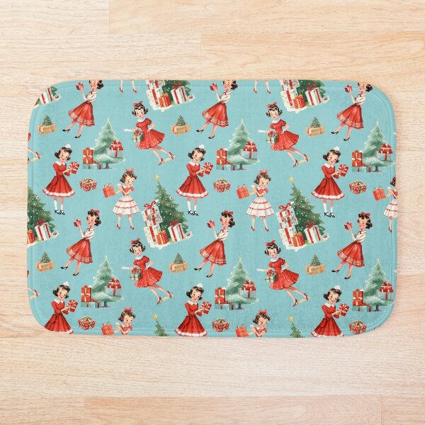 Item preview, 1950s Vintage Christmas Design: Retro Mid-Century Festive Girl in Red Dress with Tree, Presents - Blue Nostalgic Holiday Background designed and sold by KimMarshall.