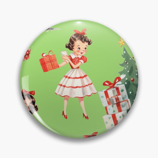 Artikelvorschau, Vintage-Weihnachtsdesign der 1950er Jahre: Festliches Retro-Mid-Century-Mädchen in rotem Kleid, Baum, Geschenke – lindgrüner nostalgischer Feiertagshintergrund entworfen und verkauft von KimMarshall.