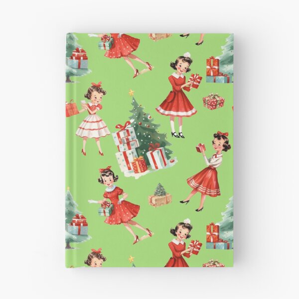 Item preview, 1950s Vintage Christmas Design: Retro Mid-Century Festive Girl in Red Dress, Tree, Presents - Lime Green Nostalgic Holiday Background designed and sold by KimMarshall.