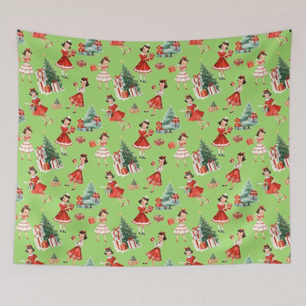 Item preview, Diseño navideño vintage de los años 50: Chica festiva retro de mediados de siglo con vestido rojo, árbol y regalos - Fondo festivo nostálgico verde lima designed and sold by KimMarshall.