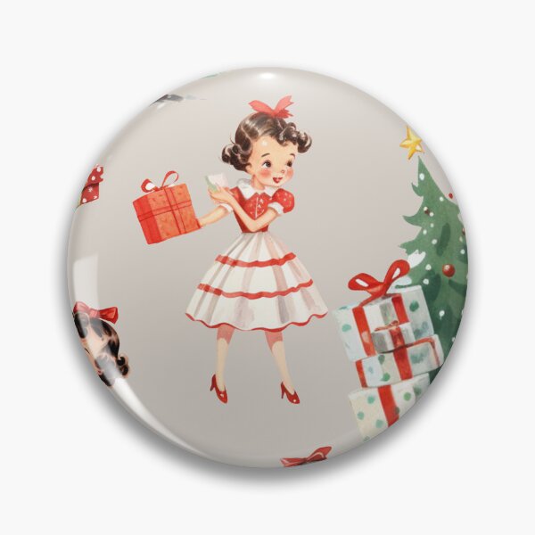 Artikelvorschau, Vintage-Weihnachtskreation der 1950er Jahre: Retro-Mid-Century-Mädchen in rotem Kleid, Baum, Geschenke – hellbrauner, nostalgischer festlicher Hintergrund entworfen und verkauft von KimMarshall.