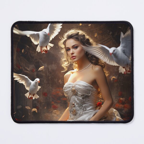 Item preview, Elegant Woman Amid Doves in Warm White Atmosphere designed and sold by soulofalion.