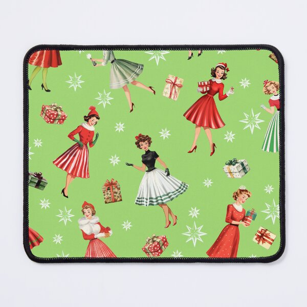 Item preview, 1950s Festive Women Vintage Christmas Art: Green Mid-Century Modern Girl with Atomic Retro Star, Red Striped Skirts & Christmas Presents - Lime Green Backgroundic Festive Backdrop designed and sold by KimMarshall.