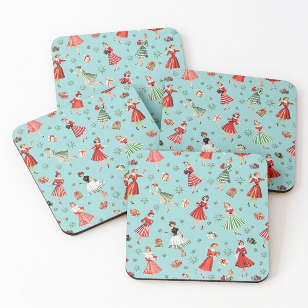 Item preview, 1950s Festive Women Vintage Christmas Design: Green Mid-Century Girl with Atomic Retro Star, Red Striped Skirts & Christmas Presents - Robin Egg Blue Backdrop designed and sold by KimMarshall.