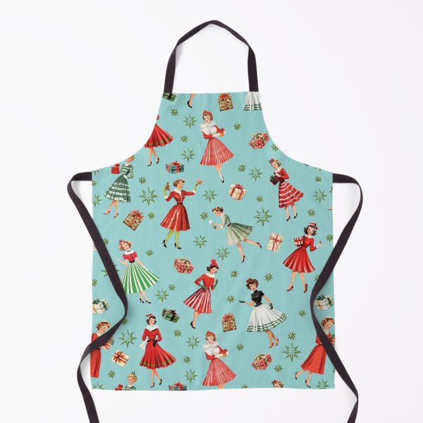 Item preview, 1950s Festive Women Vintage Christmas Design: Green Mid-Century Girl with Atomic Retro Star, Red Striped Skirts & Christmas Presents - Robin Egg Blue Backdrop designed and sold by KimMarshall.