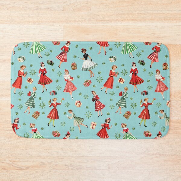 Item preview, 1950s Festive Women Vintage Christmas Design: Green Mid-Century Girl with Atomic Retro Star, Red Striped Skirts & Christmas Presents - Robin Egg Blue Backdrop designed and sold by KimMarshall.