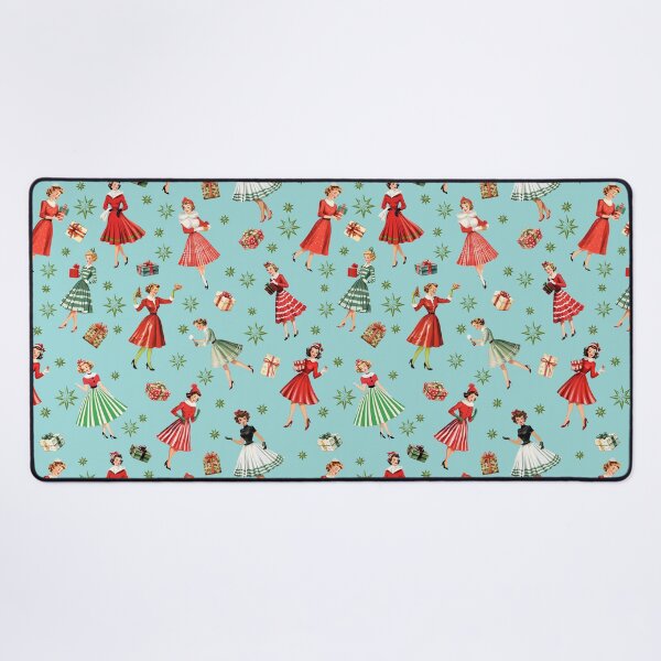 Item preview, Diseño navideño vintage para mujeres festivas de los años 50: niña verde de mediados de siglo con estrella retro atómica, faldas de rayas rojas y regalos de Navidad - Fondo azul Robin Egg designed and sold by KimMarshall.