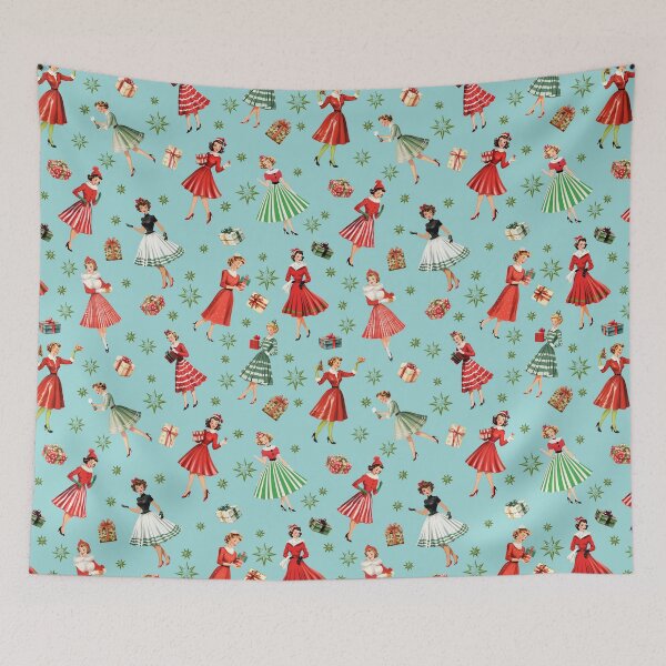 Item preview, 1950s Festive Women Vintage Christmas Design: Green Mid-Century Girl with Atomic Retro Star, Red Striped Skirts & Christmas Presents - Robin Egg Blue Backdrop designed and sold by KimMarshall.