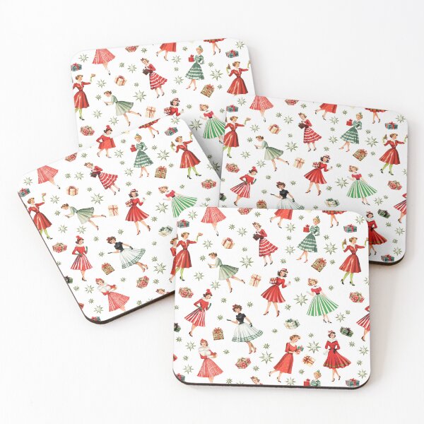 Item preview, 1950s Festive Women Vintage Christmas Creation: Green Mid-Century Girl with Green Atomic Retro Star, Red Striped Skirts & Christmas Gifts - Pristine White Backdrop designed and sold by KimMarshall.