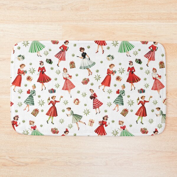 Item preview, 1950s Festive Women Vintage Christmas Creation: Green Mid-Century Girl with Green Atomic Retro Star, Red Striped Skirts & Christmas Gifts - Pristine White Backdrop designed and sold by KimMarshall.