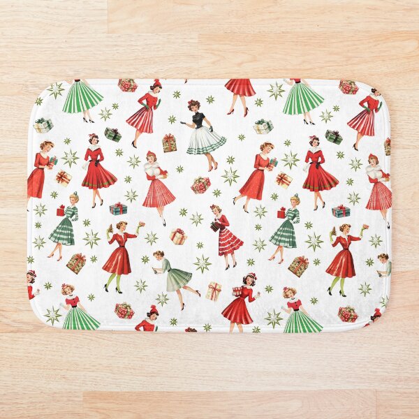 Artikelvorschau, Festliche Frauen-Vintage-Weihnachtskreation der 1950er Jahre: Grünes Mid-Century-Mädchen mit grünem Atom-Retro-Stern, rot gestreiften Röcken und Weihnachtsgeschenken – makellos weißer Hintergrund entworfen und verkauft von KimMarshall.