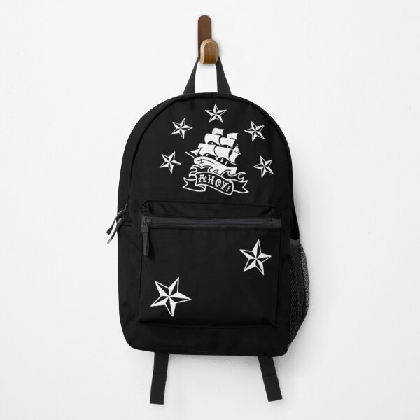Item preview, Ahoy! Nautical Ship Tattoo style design with scroll banner - Black and White sail boat designed and sold by ArtfulOctopus.