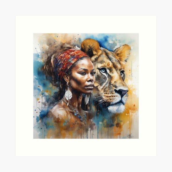 Item preview, African Woman and Lioness Portrait designed and sold by BeepBoopAIBoobs.
