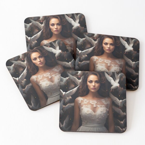 Item preview, Elegant Woman Amid Doves in Warm White Atmosphere designed and sold by soulofalion.