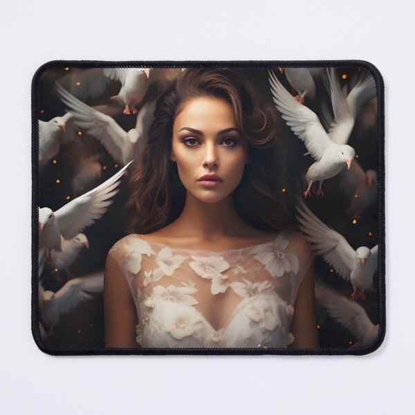 Item preview, Elegant Woman Amid Doves in Warm White Atmosphere designed and sold by soulofalion.