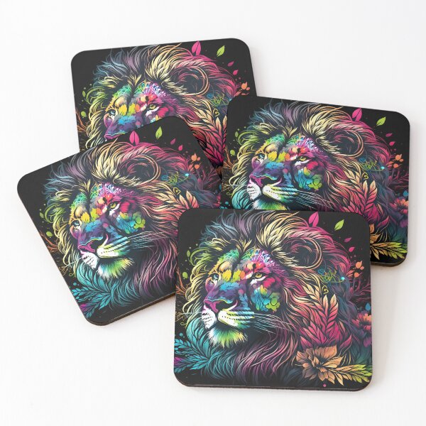 Item preview, neon colorful lion made of doodle flowers designed and sold by dcrc.