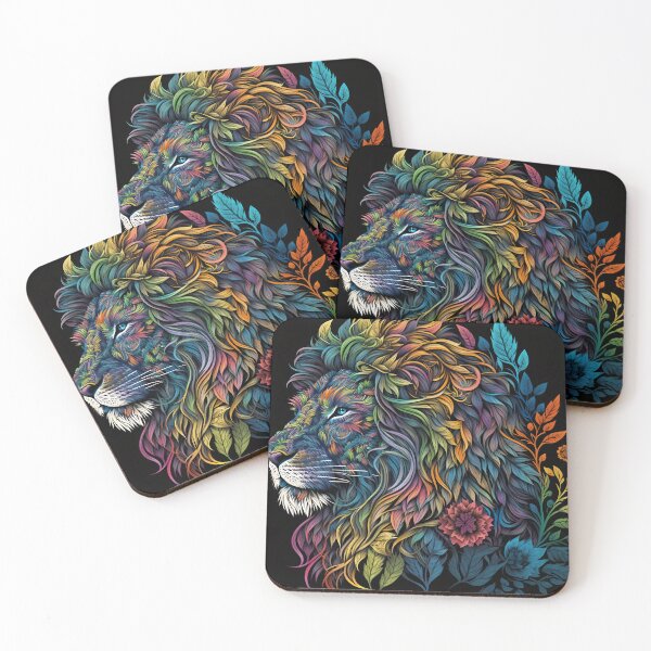 Item preview, neon colorful lion made of doodle flowers designed and sold by dcrc.