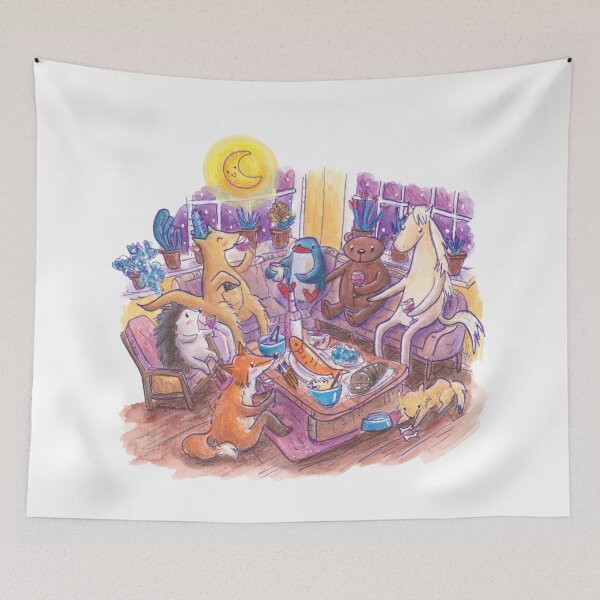 Item preview, Penguin and animal friends enjoying a dinner feast in cosy living room. designed and sold by PenguinGirl-Art.