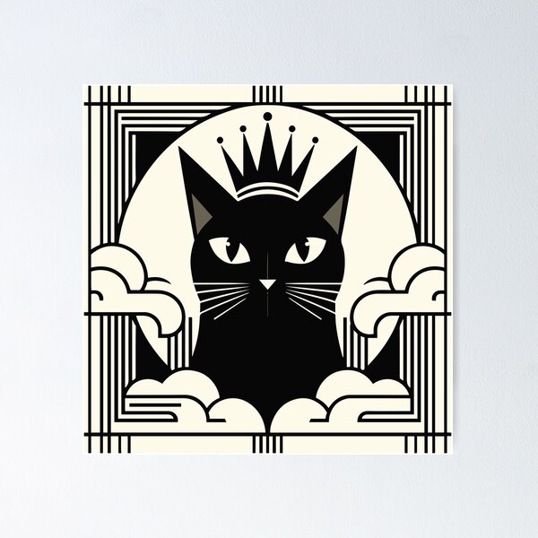 Royal Feline Majesty: Art Deco Black Cat with Crown Portrait Poster