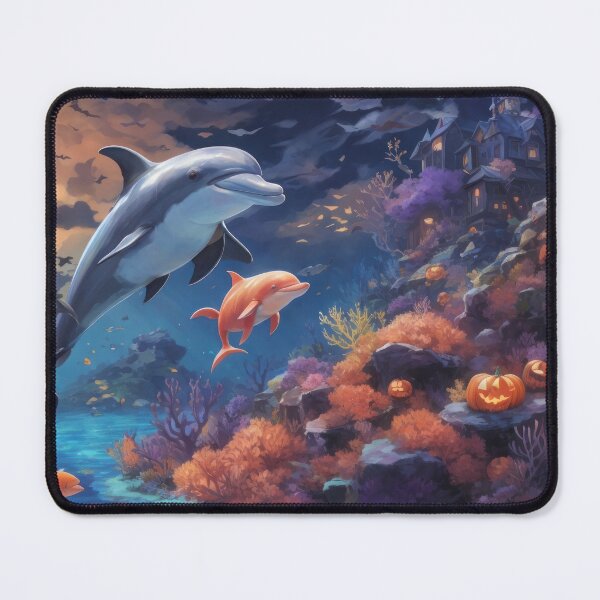 Item preview, Happy dolphins on the background of hallowen coral reef and witch's cottage designed and sold by Damian Sobczyk.