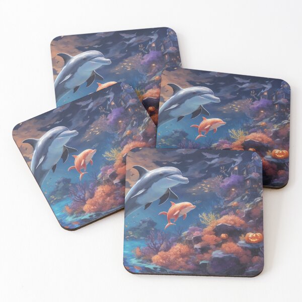 Item preview, Happy dolphins on the background of hallowen coral reef and witch's cottage designed and sold by Damian Sobczyk.