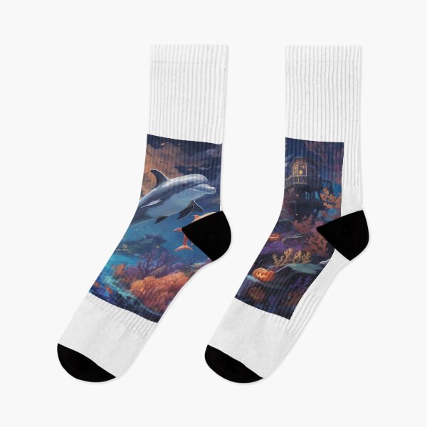 Item preview, Happy dolphins on the background of hallowen coral reef and witch's cottage designed and sold by Damian Sobczyk.
